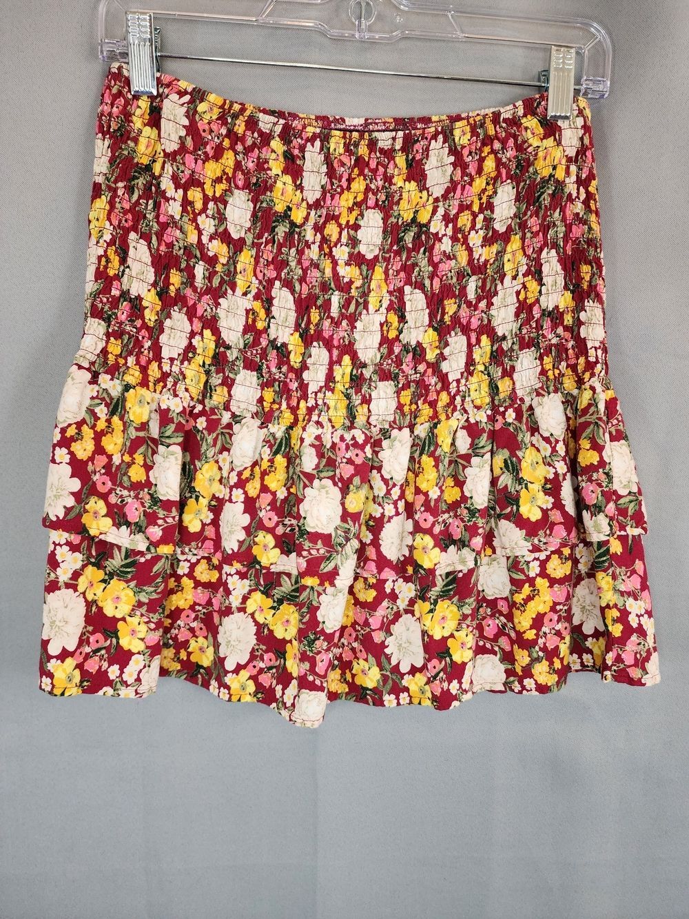 wild fable Burgundy Floral Smocked Mini Skirt with Yellow and Cream Flowers